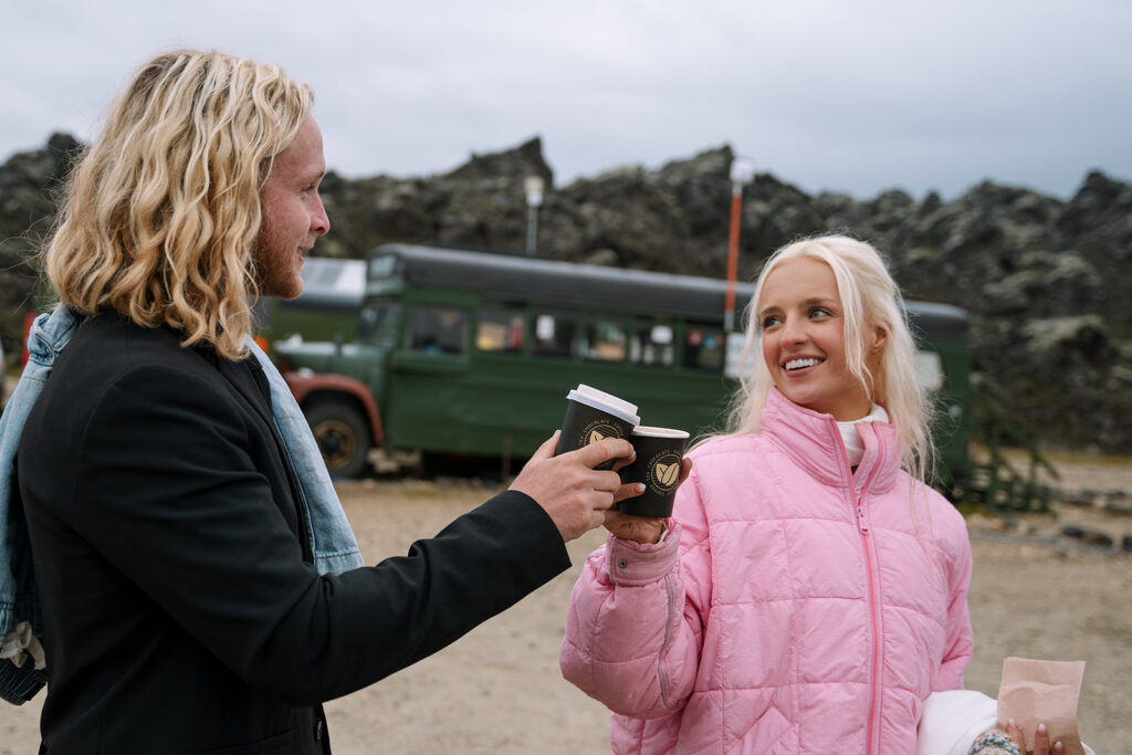 Hot chocolate break at the retro school bus in the highlands